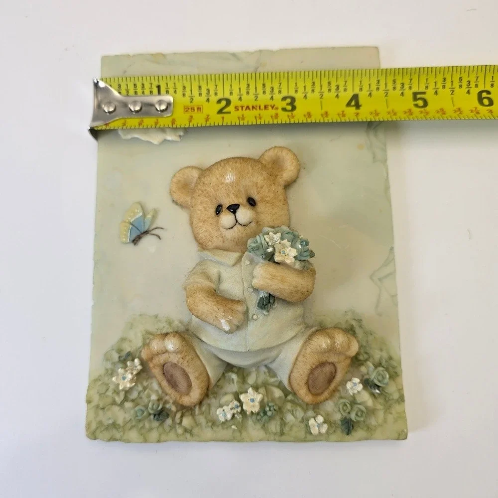 VTG SHIAH YIH Teddy Bear Wall Plaque 3D Resin Nursery Decor Blue White Flower‎